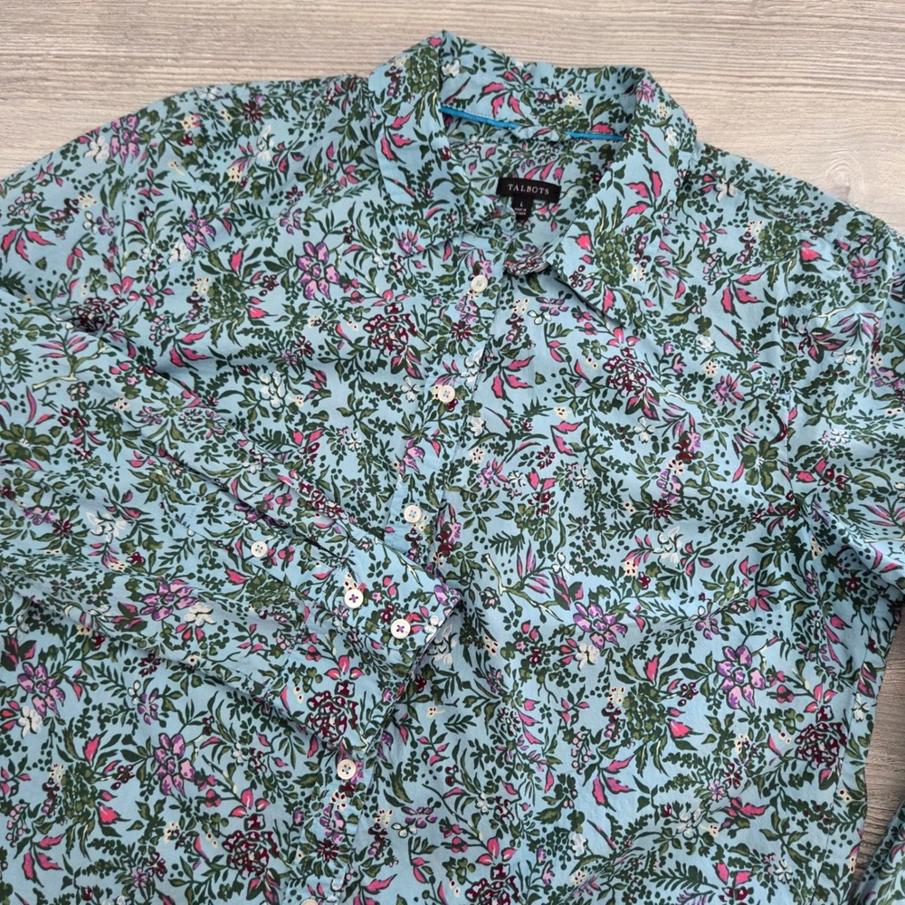 Talbots Button Down Shirt Blue Floral Cotton Long Sleeve Womens Size L